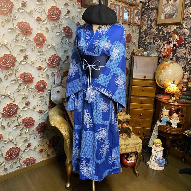 浴衣リメイク ロングワンピース 帯サッシュベルト 青藍 白花 鹿の子調