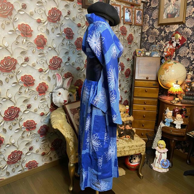 浴衣リメイク ロングワンピース 帯サッシュベルト 青藍 白花 鹿の子調