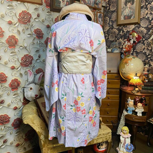 浴衣リメイク ミニミディワンピース 帯サッシュベルト 花柄 和洋折衷 W