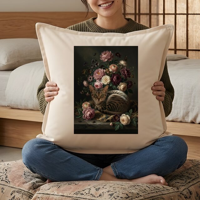 猫（アメリカンショートヘア）クッション 45cm 花の油絵風カラーアート