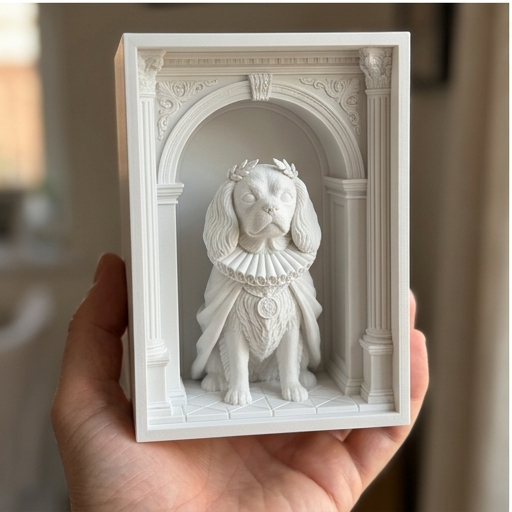犬（キャバリア）の3Dプリント ブックヌーク 白PLA 本棚インテリア
