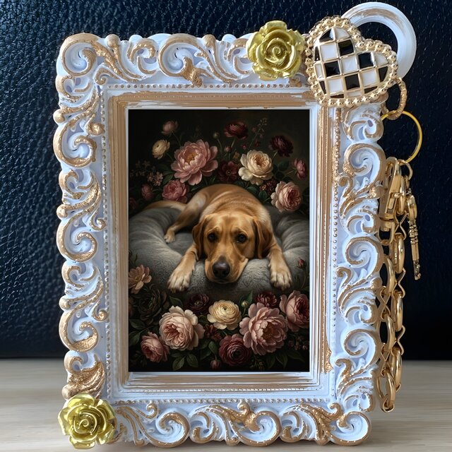 犬（ラブラドールレトリバー）バッグチャーム 花の油絵風アート