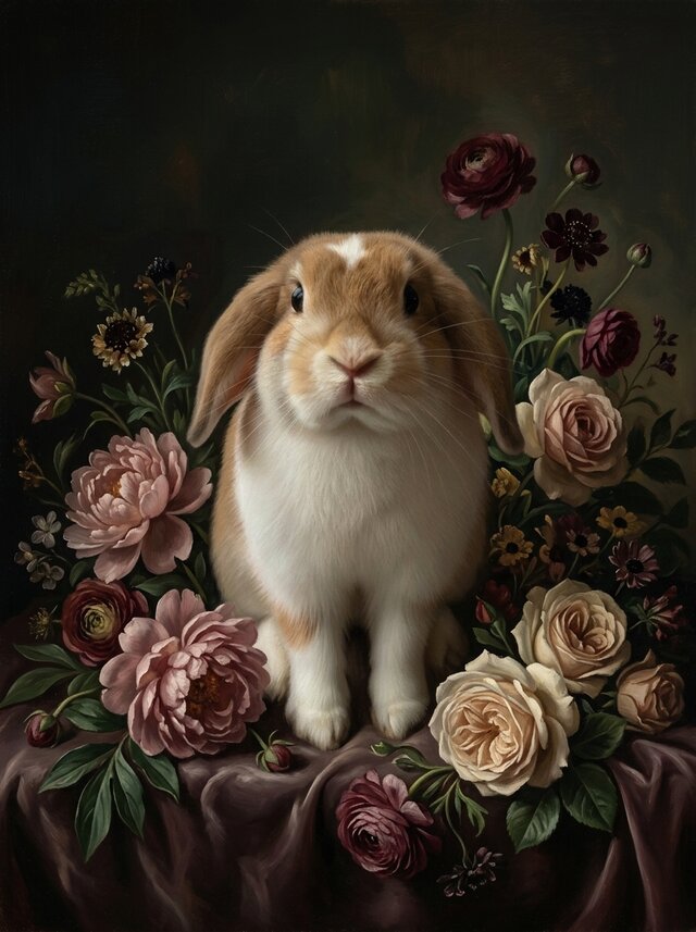 うさぎ（ミニロップ）の花に囲まれた油絵風アート A4金縁額装