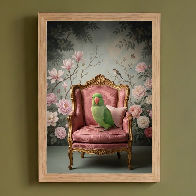 インコ（ワカケホンセイインコ）のロココ調アート A4額装インテリア