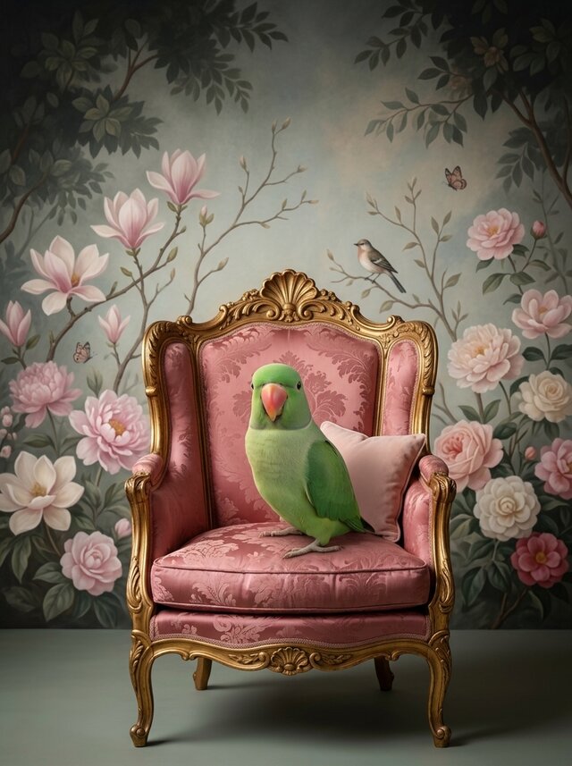 インコ（ワカケホンセイインコ）のロココ調アート A4額装インテリア