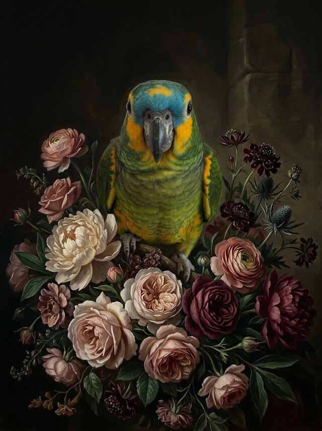 インコ（アオボウシインコ）の花の油絵風アート A4金縁額装インテリア