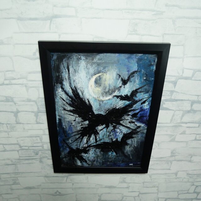 油絵 原画】朧月夜の狂詩曲 〜カラスと月のハロウィン〜（A4額縁
