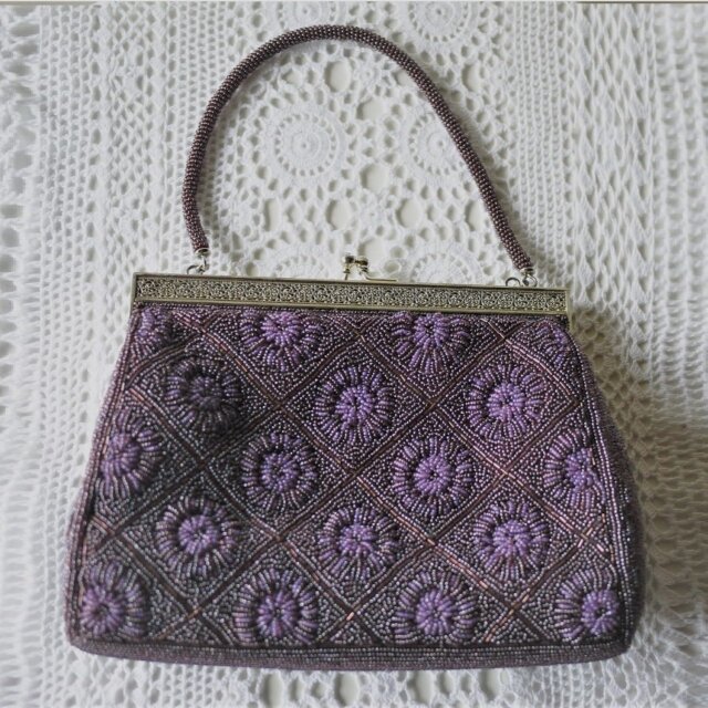 パープルビーズバッグ ビーズ刺繍バッグ 紫ビーズハンドバッグ | iichi