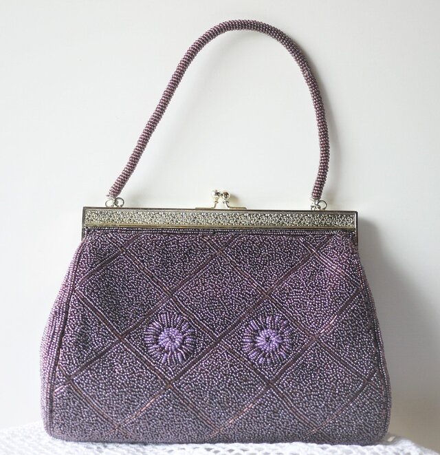 パープルビーズバッグ ビーズ刺繍バッグ 紫ビーズハンドバッグ | iichi