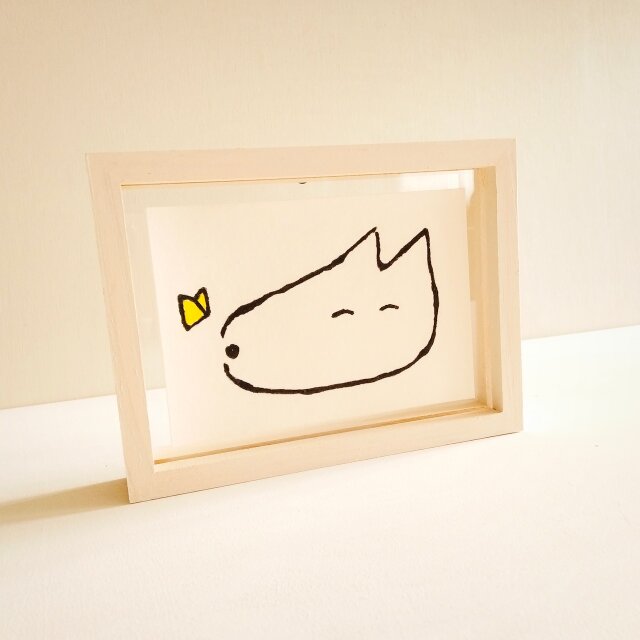 受注制作【犬・イラスト】「犬とちょうちょ」 ※木製額縁入り・犬の絵