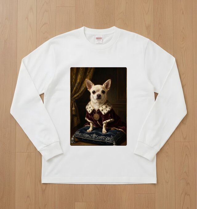 犬（チワワ）長袖Tシャツ ルネサンス風カラーアート ホワイト 男女兼用