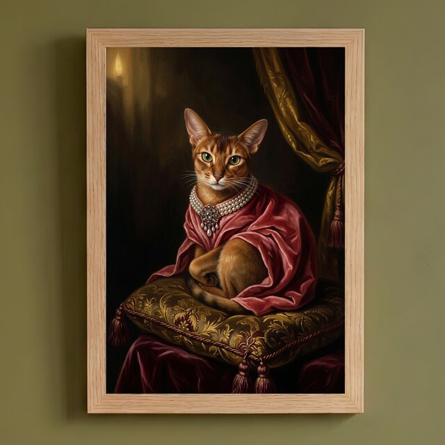 猫（アビシニアン）のルネサンス風肖像画 油絵風アートA4額装