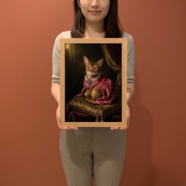 猫（アビシニアン）のルネサンス風肖像画 油絵風アートA4額装