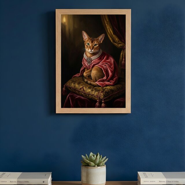 猫（アビシニアン）のルネサンス風肖像画 油絵風アートA4額装