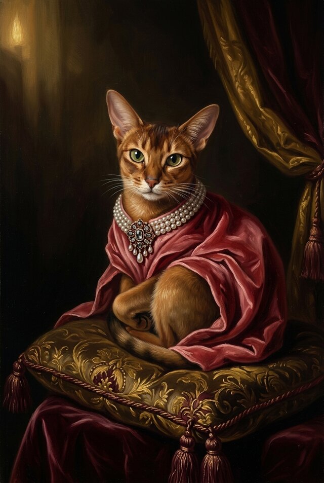 猫（アビシニアン）のルネサンス風肖像画 油絵風アートA4額装