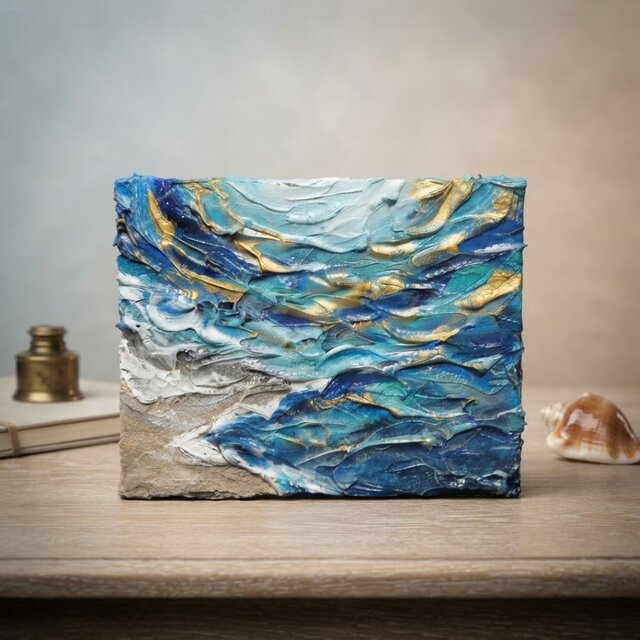 抽象魚 油彩画 海のテクスチャーアート『碧洋の煌めき —永遠への憧憬—』F0号 油彩画