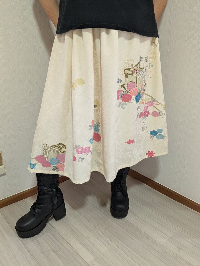 洗える フリーサイズ 着物リメイク ギャザースカート 裏地付 Kimono