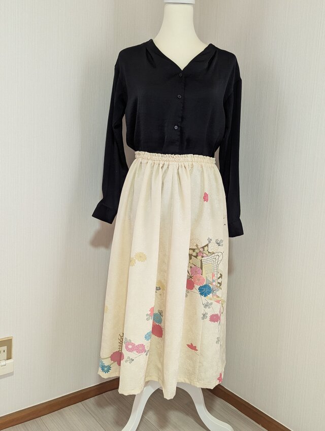 洗える フリーサイズ 着物リメイク ギャザースカート 裏地付 Kimono