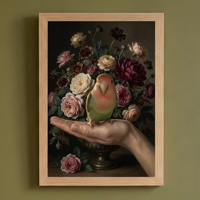 インコ（コザクラインコ）の花に囲まれた油絵風アート A4額装