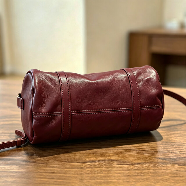本革筒バッグ 取外し可能ショルダー付き 2way ハンドバッグ 毎日使い