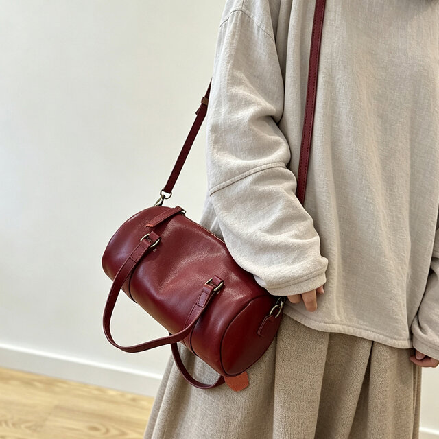 本革筒バッグ 取外し可能ショルダー付き 2way ハンドバッグ 毎日使い