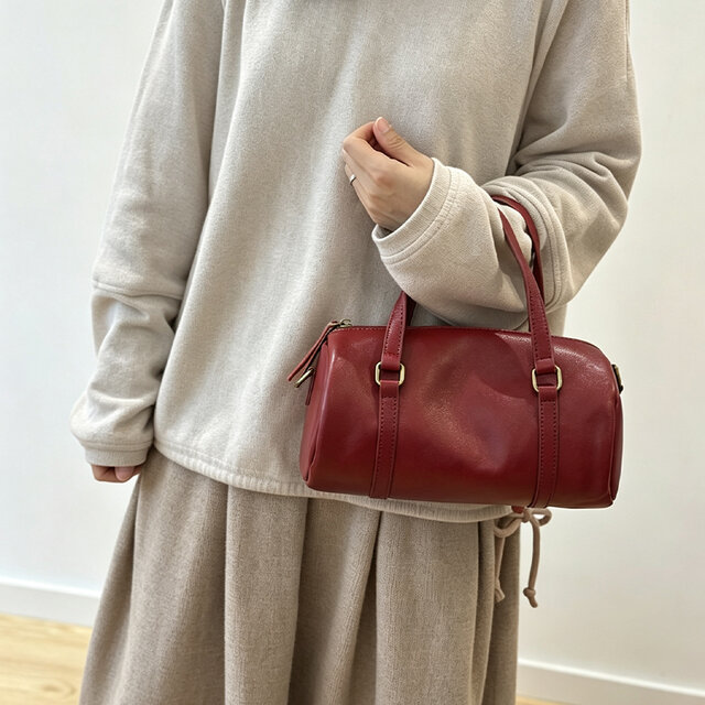 本革筒バッグ 取外し可能ショルダー付き 2way ハンドバッグ 毎日使い