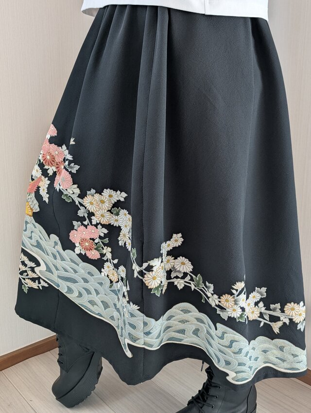洗える シルク黒留袖ギャザースカート ロング丈 着物リメイク Kimono