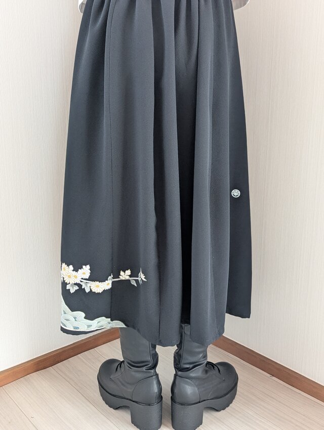 洗える シルク黒留袖ギャザースカート ロング丈 着物リメイク Kimono