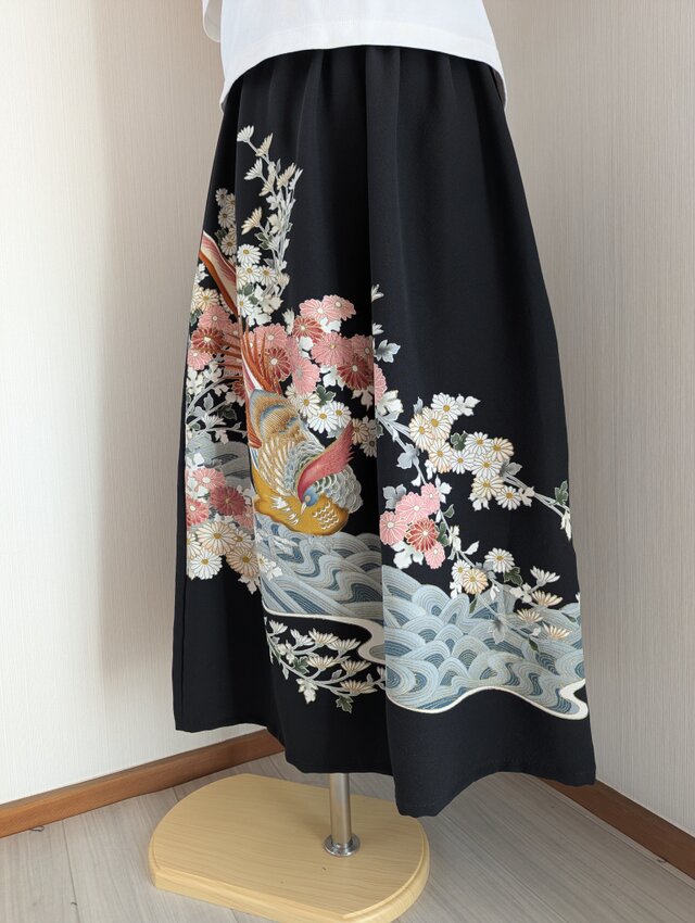 洗える シルク黒留袖ギャザースカート ロング丈 着物リメイク Kimono