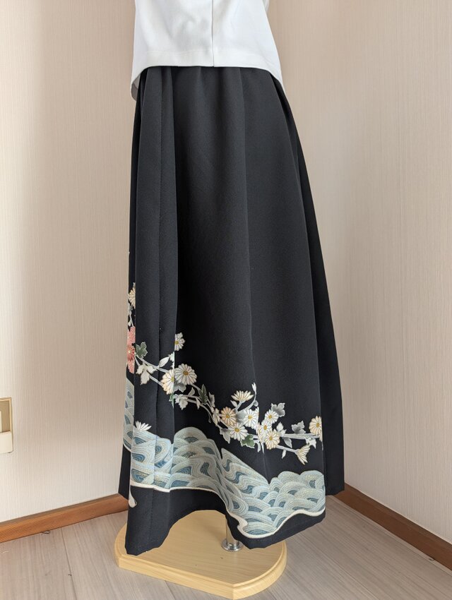 洗える シルク黒留袖ギャザースカート ロング丈 着物リメイク Kimono