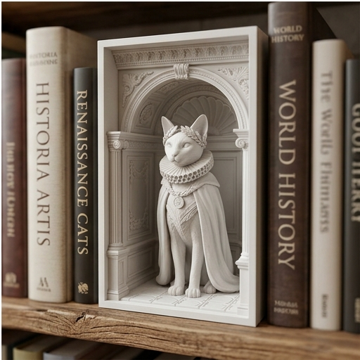 猫（シャム猫）の3Dプリント ブックヌーク 白PLA 本棚インテリア