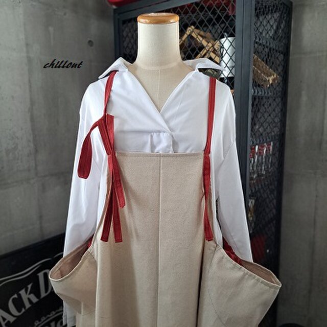 背中がかわいい】マキシ：エプロンドレス：リネン×ボルドー【1127