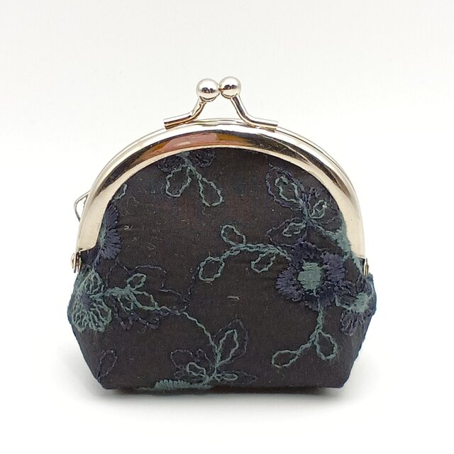 B品】花柄刺繍 がま口コインケース ミニポーチ 7.5cm口金 ブラック 841