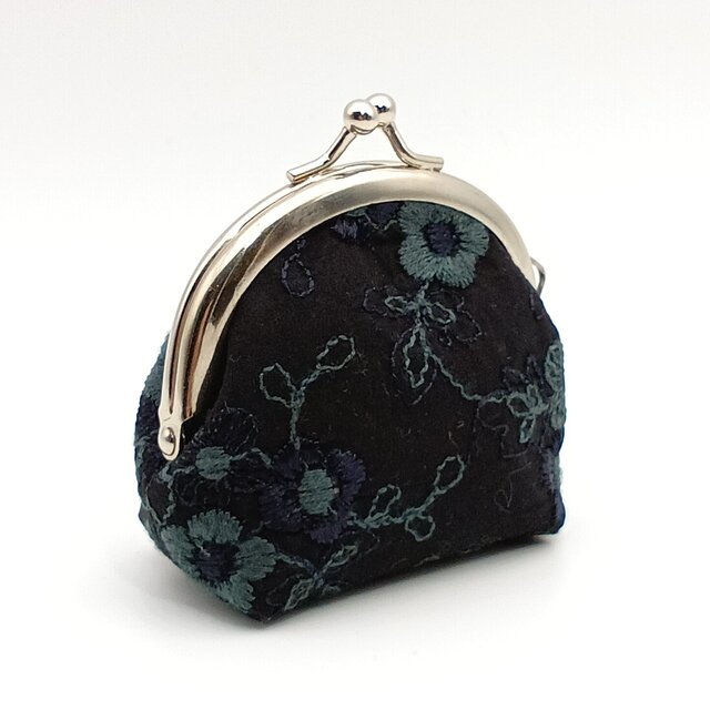 B品】花柄刺繍 がま口コインケース ミニポーチ 7.5cm口金 ブラック 841