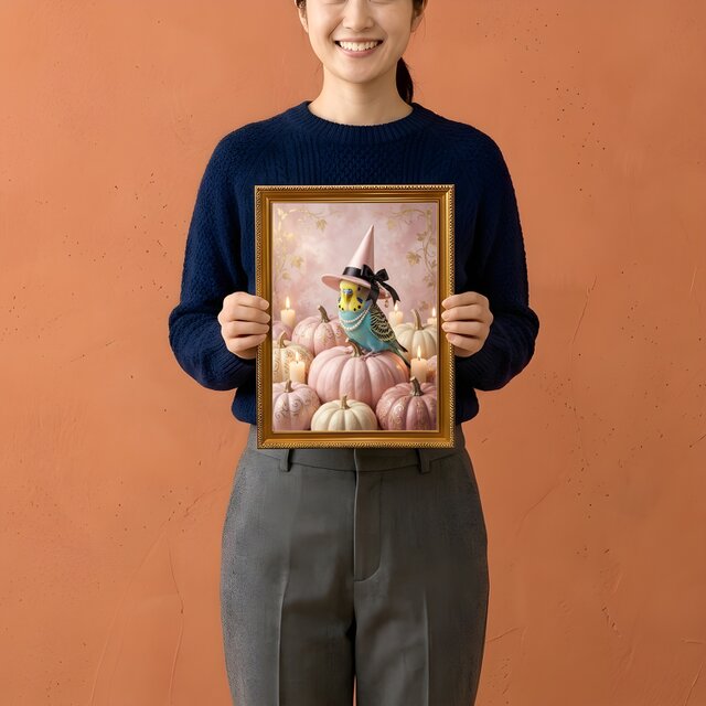 ハロウィンインコパネル生地　ハンドメイド インコ（セキセイインコ）のハロウィン限定アート A4金縁額装