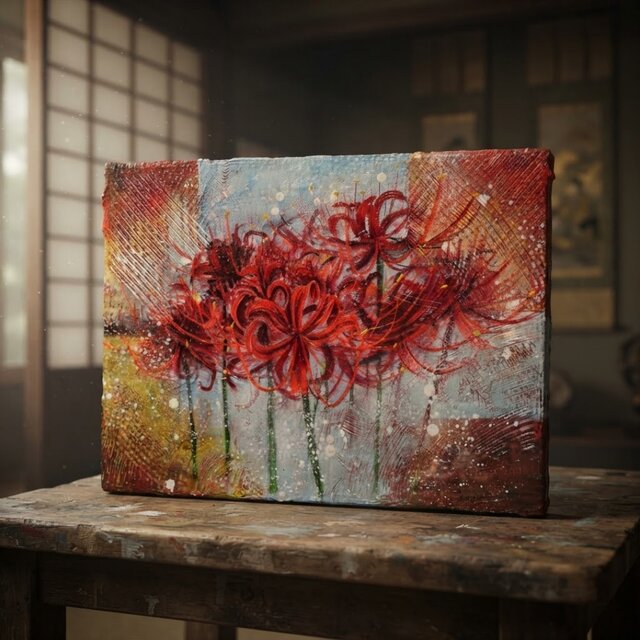 油絵 原画『紅蓮の残照』F4号 曼珠沙華（彼岸花）の絵画 / キャンバス