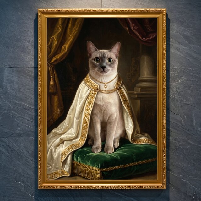 猫（バーミーズ）のルネサンス風肖像画 油絵風アートA4金縁額装