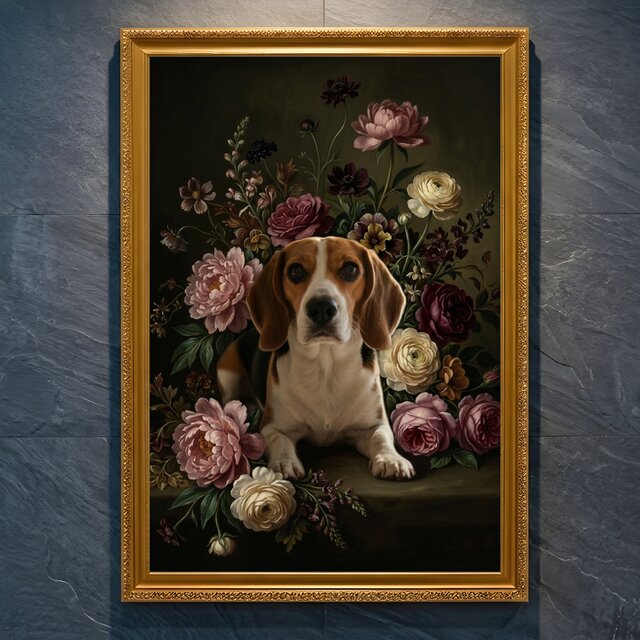 油絵　専用 花冠のかわいいビーグル犬 犬（ビーグル）の花に囲まれた油絵風アート A4金縁額装インテリア