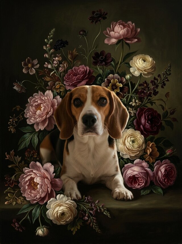 犬（ビーグル）の花に囲まれた油絵風アート A4金縁額装インテリア