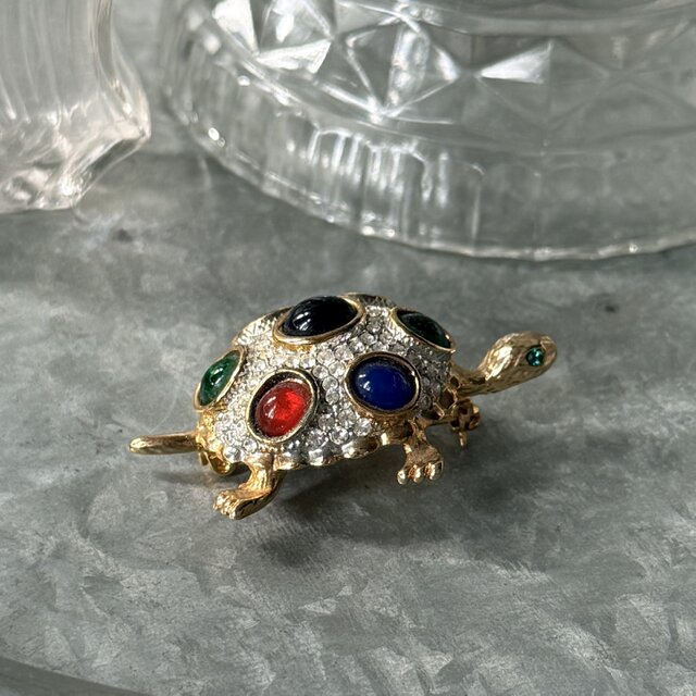 SC160-ヴィンテージブローチ U.S.A. 1970-80's Multi-Cabochon Turtle