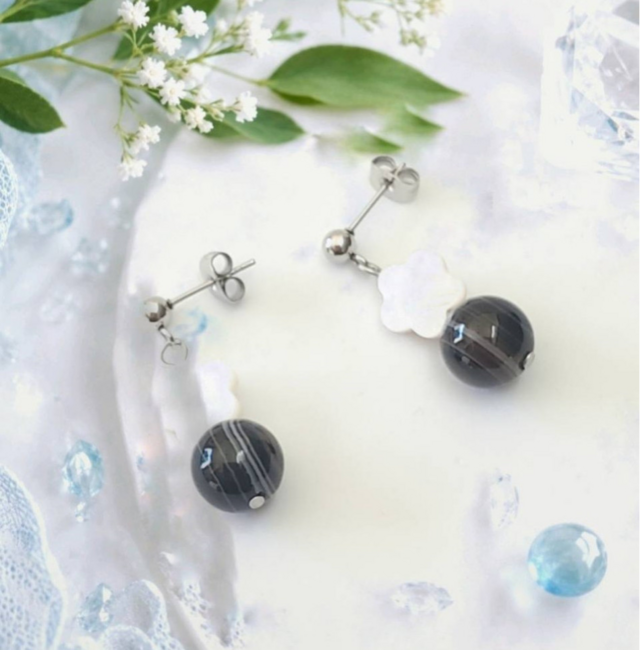 天然石ピアス＊天眼石×マザーオブパール＊ピアス＊サージカル