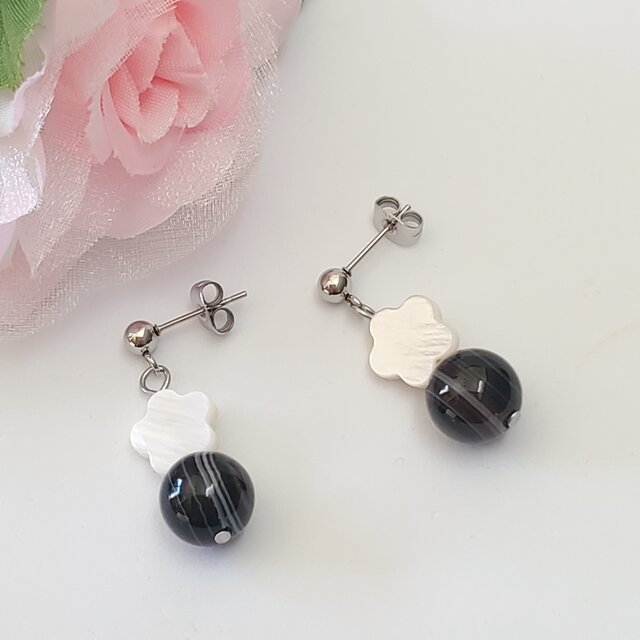 天然石ピアス＊天眼石×マザーオブパール＊ピアス＊サージカル