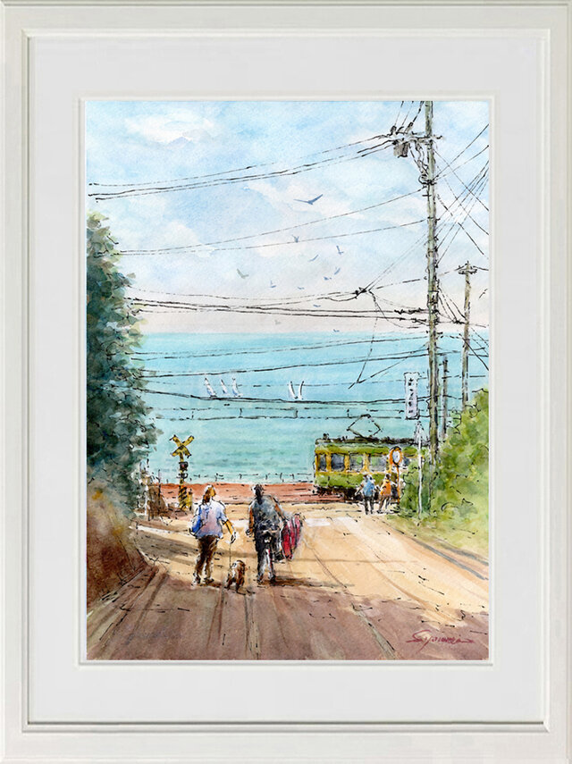 水彩画原画 七里ガ浜の海へ・日坂から | iichi 日々の暮らしを心地よく