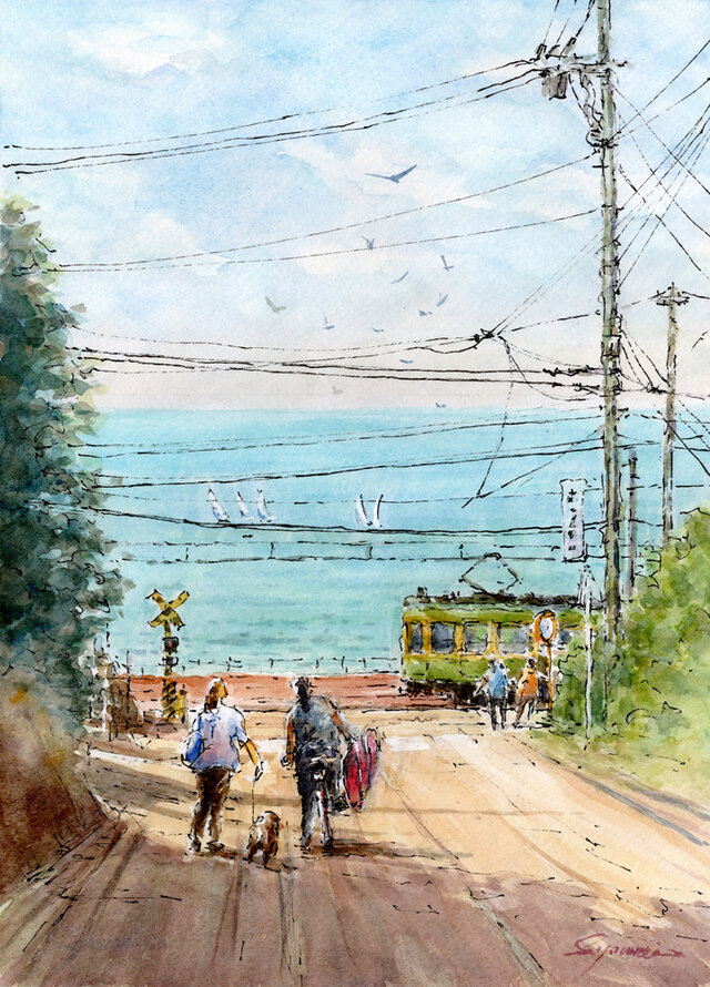水彩画原画 七里ガ浜の海へ・日坂から | iichi 日々の暮らしを心地よく