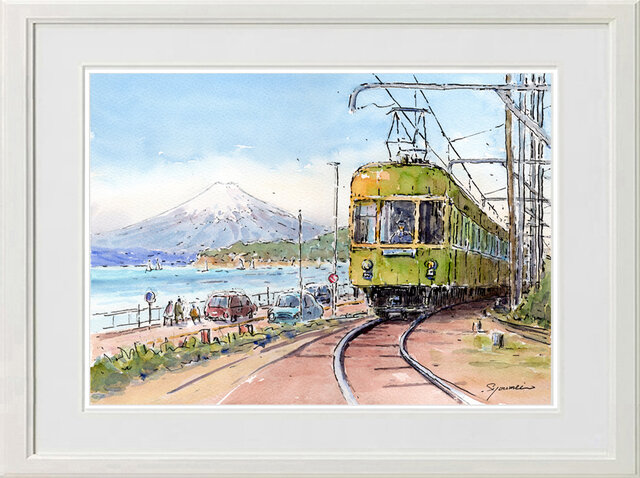 水彩画原画 富士山と江ノ電・七里ヶ浜から ＃755 | iichi 日々の暮らし