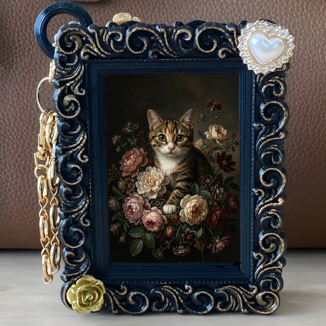 猫（アメリカンショートヘア）バッグチャーム 花の油絵風アート