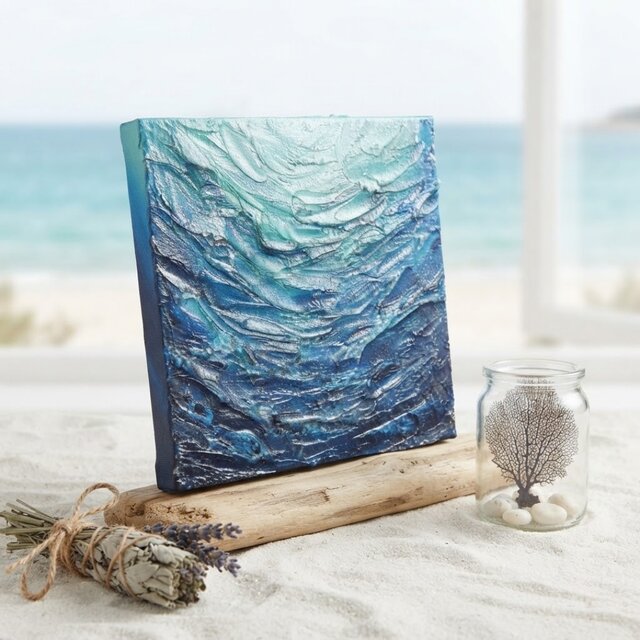 碧の夜明け】海のテクスチャーアート 抽象画アートパネル（額縁なし