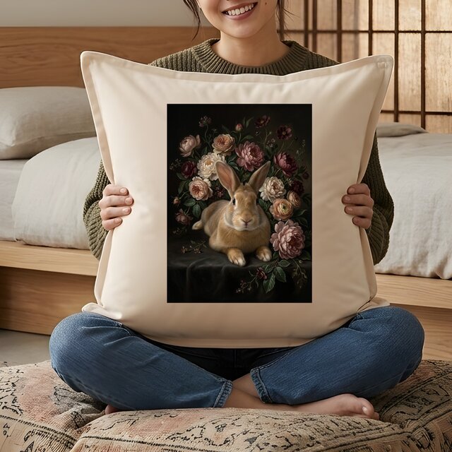 うさぎ（フレミッシュジャイアント）クッション 45cm 花の油絵風カラー
