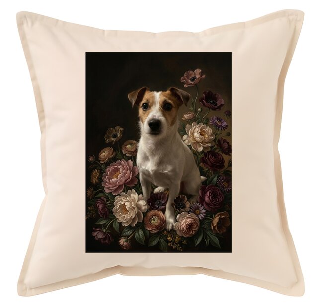 犬（ジャックラッセルテリア）クッション 45cm 花の油絵風カラーアート