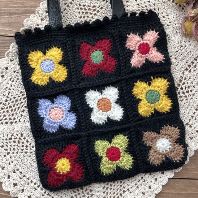 アクリル毛糸/お花編みバック フラワーモチーフ編みバッグ𖧷【ドロップ】 | iichi 日々の暮らしを